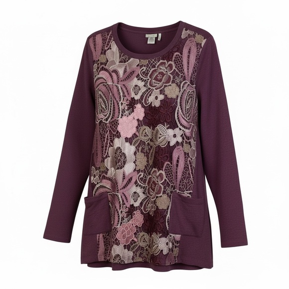 Logo Lounge Tops - LOGO Lounge Long Sleeve Sweatshirt Floral Crochet Design Women's Size L